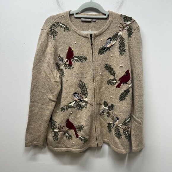 Croft & Barrow Holiday Cardinal Red tan Bird Zip Front Cardigan sweater 1x - Picture 1 of 9